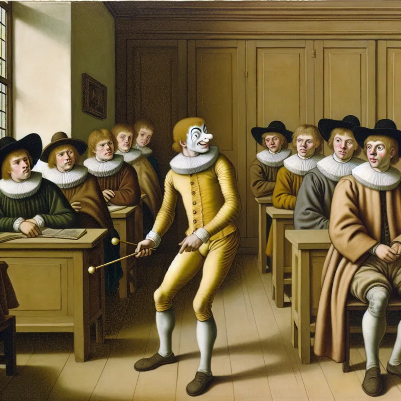 Een persoon die zich gedraagt als een aap in een klaslokaal, terwijl medestudenten serieus kijken.