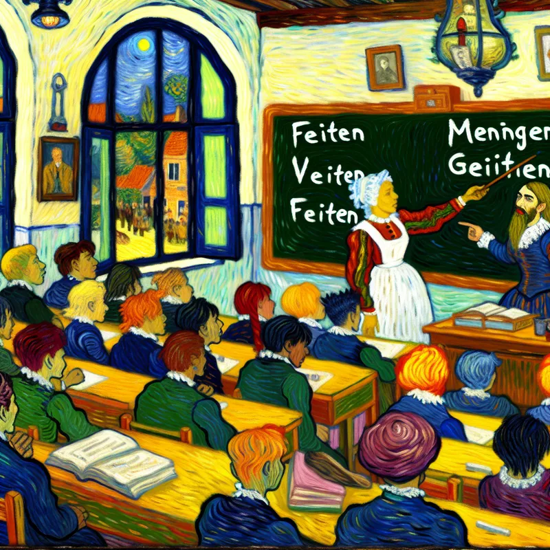 Onderwijssituatie met een leraar die naar een krijtbord wijst, verdeeld in 'Feiten' en 'Meningen', studenten van verschillende achtergronden met nieuwsgierige gezichten.