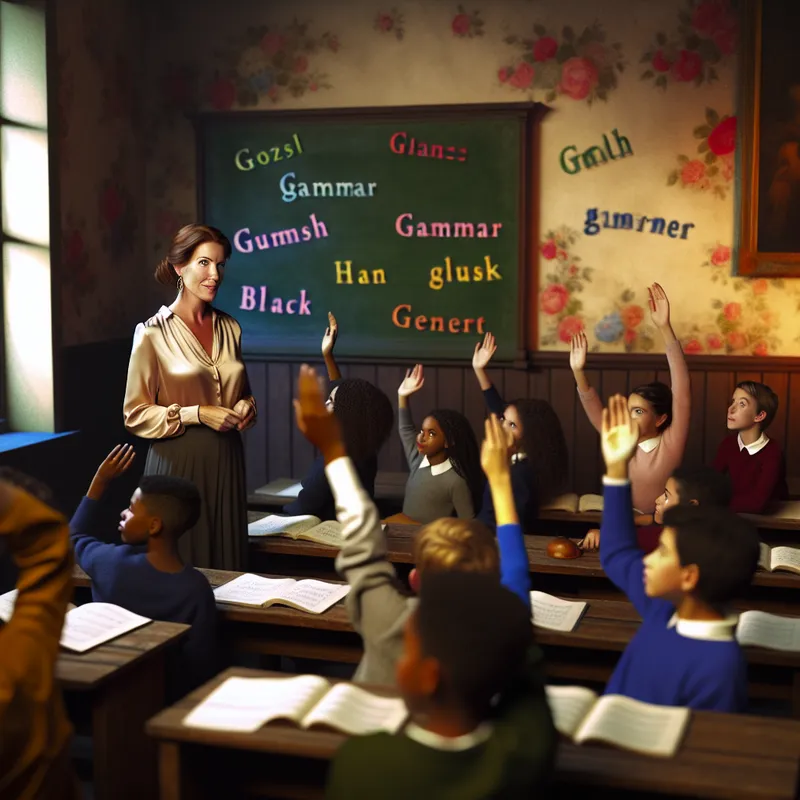 Een klaslokaal met een leerkracht die grammatica uitlegt aan een diverse groep alerte studenten.