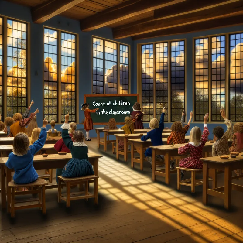 Kinderen in een klaslokaal steken hun handen op om vragen te beantwoorden, met een krijtbord op de achtergrond dat 'Tel van de kinderen in de klas' zegt.