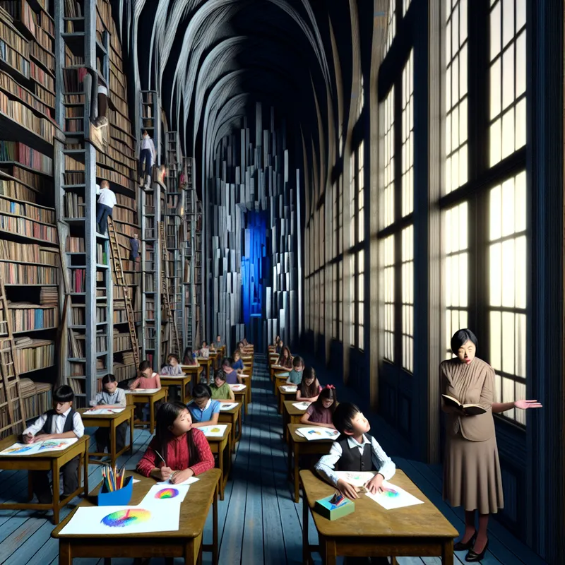 Een hyper-realistisch schilderij van een klaslokaal met kinderen die hun kleurrijke tekeningen aan hun leraar tonen, omringd door surrealistische architectuur.