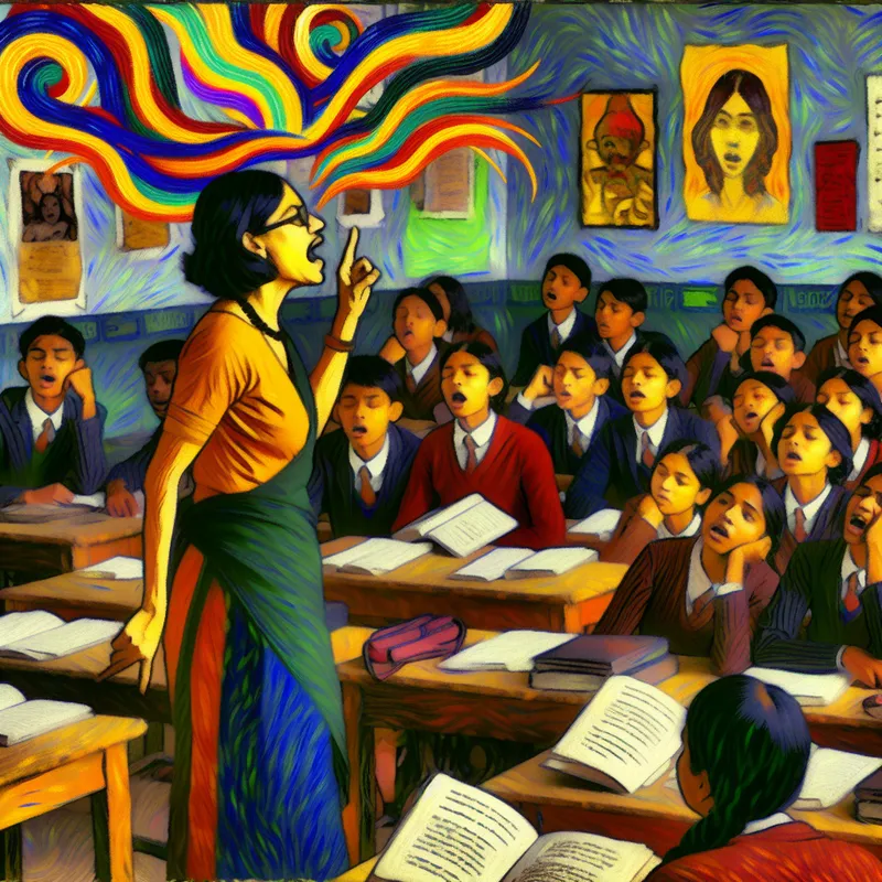 Leerkracht herhaalt een gedicht voor aandachtige en verveelde leerlingen in een kleurrijke klas.