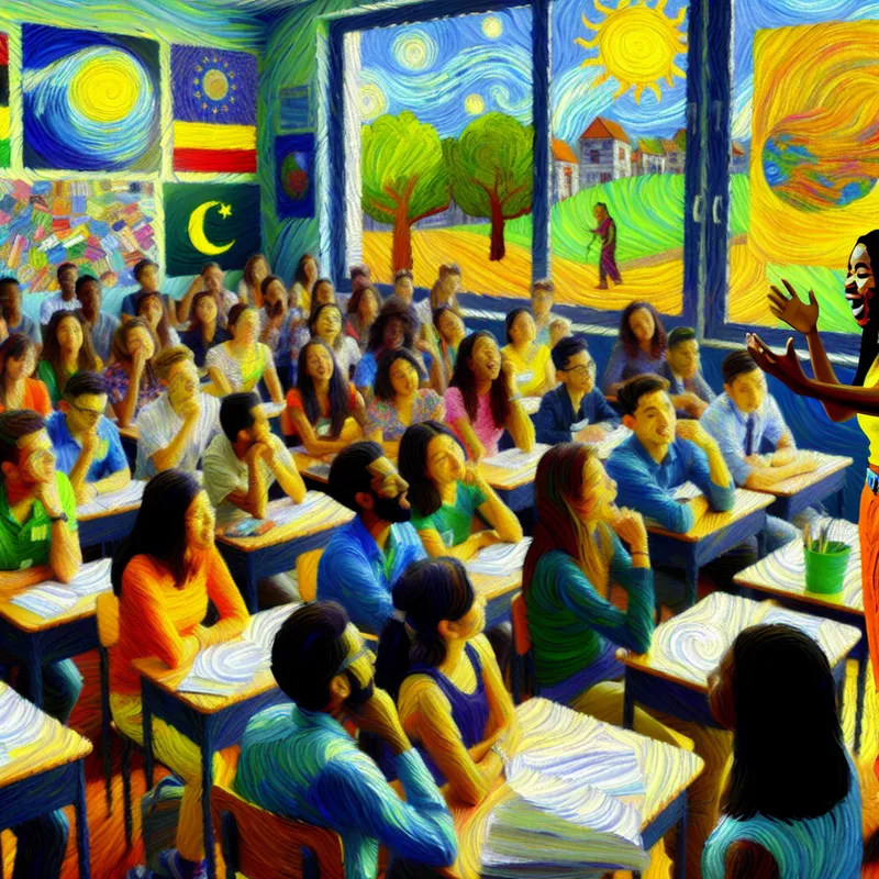 Klaslokaal met leerlingen die enthousiast discussiëren over duurzaamheid, met kleurrijke posters op de muren en een zonnig natuurlandschap buiten.