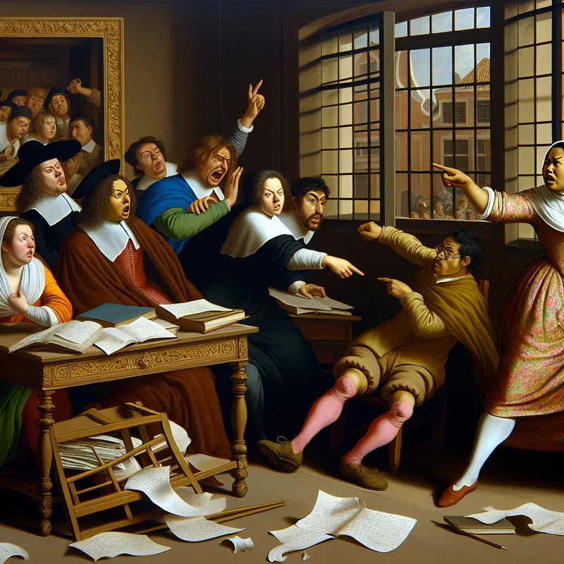 Leraar wijst naar studenten in een klaslokaal met een rommelig bureau vol papieren en boeken