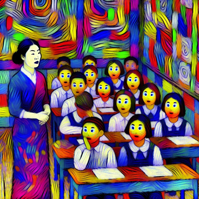 Een levendige klaslokaal waarin een leerkracht een stille groep studenten observeert terwijl ze aandachtig achter hun bureau zitten.