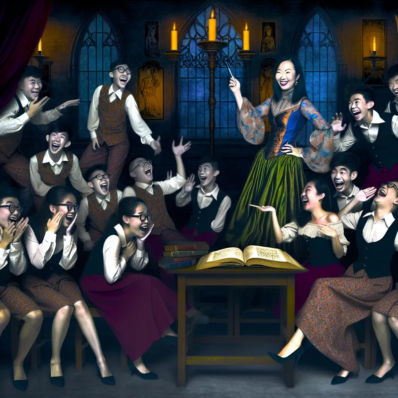 Een klaslokaalscene in een donkere, complexe stijl, met jonge studenten die in het achterste gedeelte van de kamer lachen en fluisteren terwijl de leraar een serieuze lezing geeft.