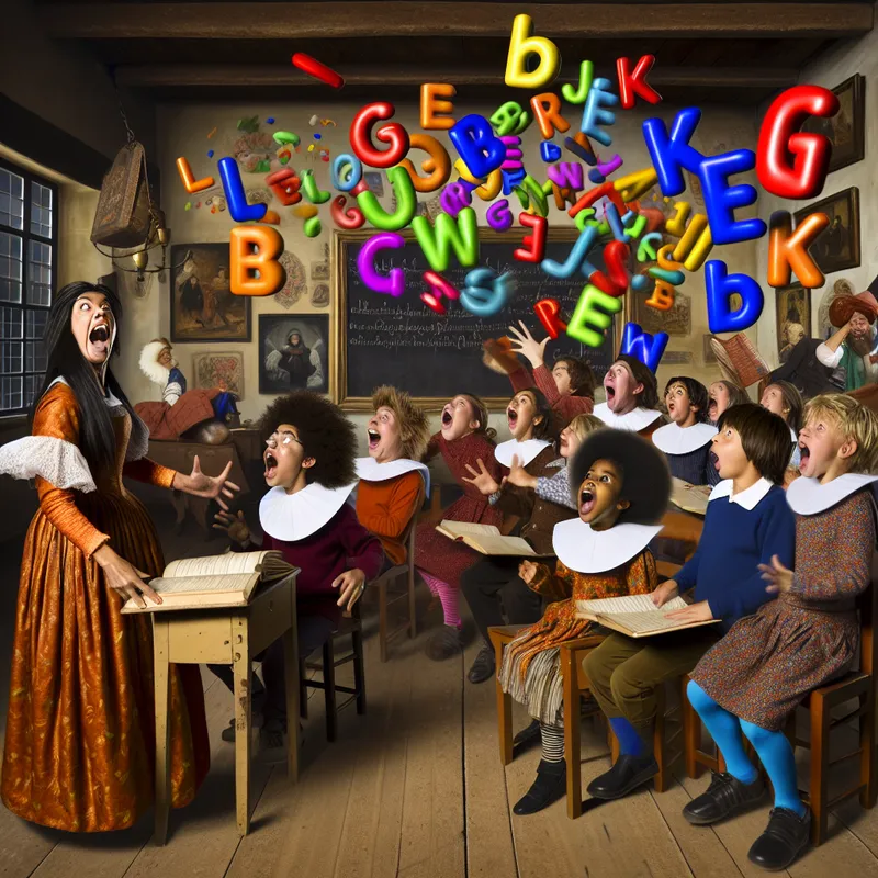 Een sfeerfoto van een klaslokaal waarin kinderen luisteren naar hun leraar en de klanken van letters leren, omringd door kleurrijke letters die in de lucht zweven.