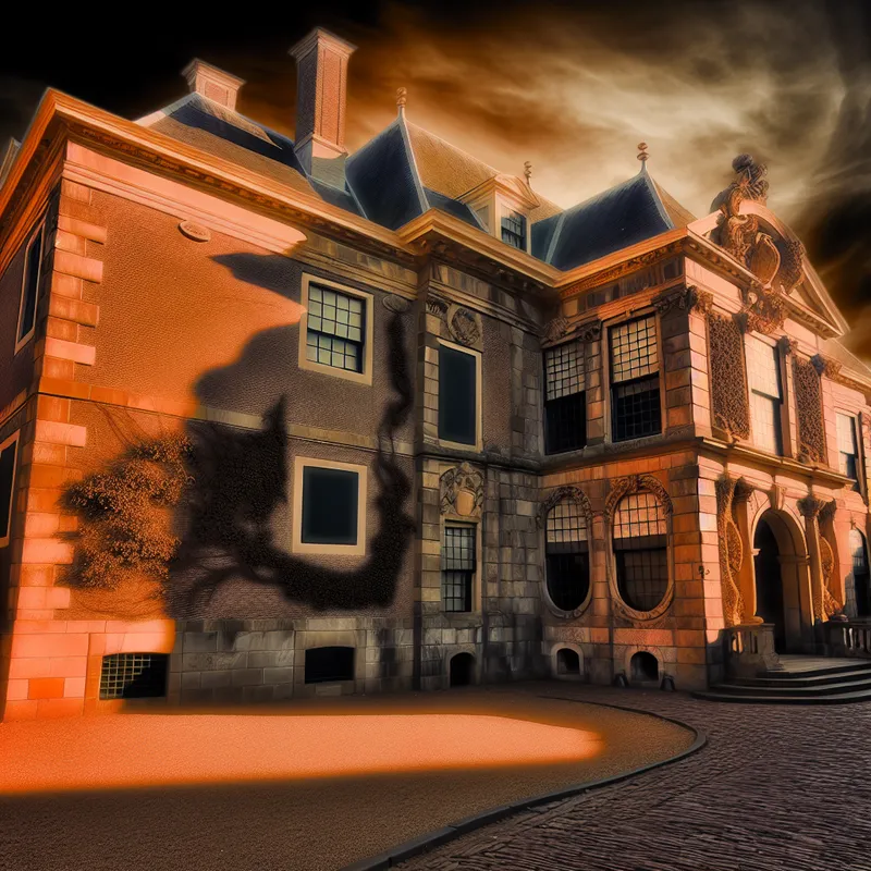 Een prachtig klassiek gebouw met gedetailleerde architectuur en rijkdom, verlicht door de ondergang van de zon.