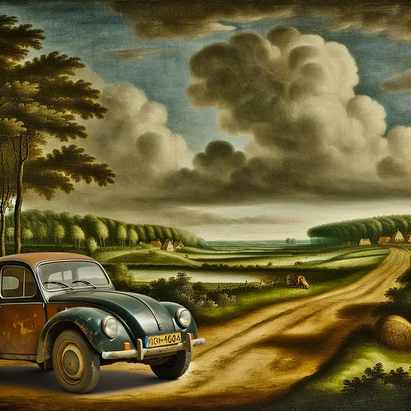 Klassieke auto geparkeerd op een landelijke Nederlandse weg in een 17e-eeuws schilderij van Jacob van Ruisdael, met groene heuvels en boerderijen op de achtergrond