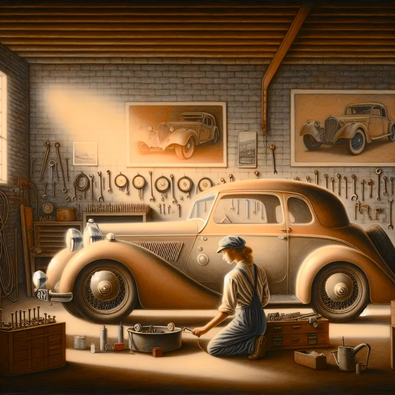 Een klassieke auto wordt liefdevol onderhouden door een monteur in een knusse werkplaats.