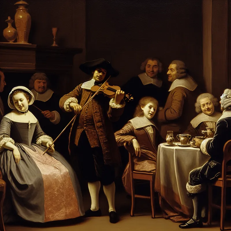 17e-eeuwse Nederlandse café-scène met violist en luisteraars in elegante kleding, klassieke muziek genre