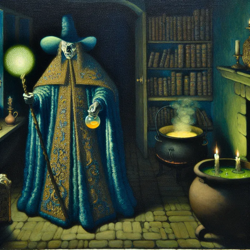 Gedetailleerde schilderijstijl voorstelling van een boosaardige tovenaar of heks in een sprookjesachtige setting, met een gloeiende staf en mysterieuze spreukenboeken