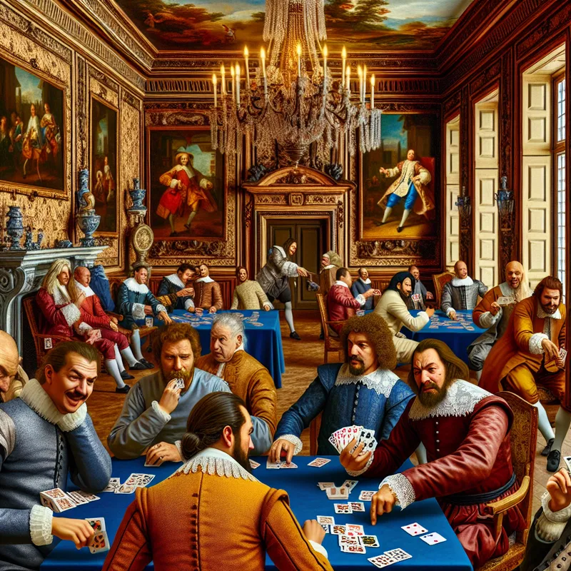 Animatie van een klaverjas toernooi in een luxe barokke zaal met spelers in historische kleding.