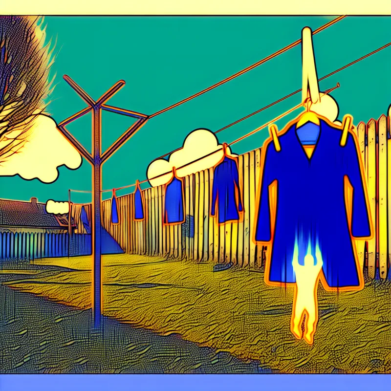 Persoon hangt een licht vochtige jas buiten aan de waslijn om te luchten, met stoom of mist die opstijgt in een zonnige achtertuin