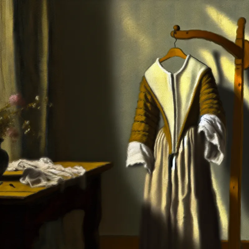 Een kledingstuk met delicate plooien hangt aan een houten kledingrek in een rustige interieursetting, met zachte schaduwen en natuurlijk licht.