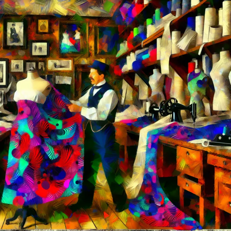 Kleurige stoffen en gereedschappen in een drukke kleermakerij, met een kleermaker in vintage kleding die met zorg een jurk aanpast op een paspop.