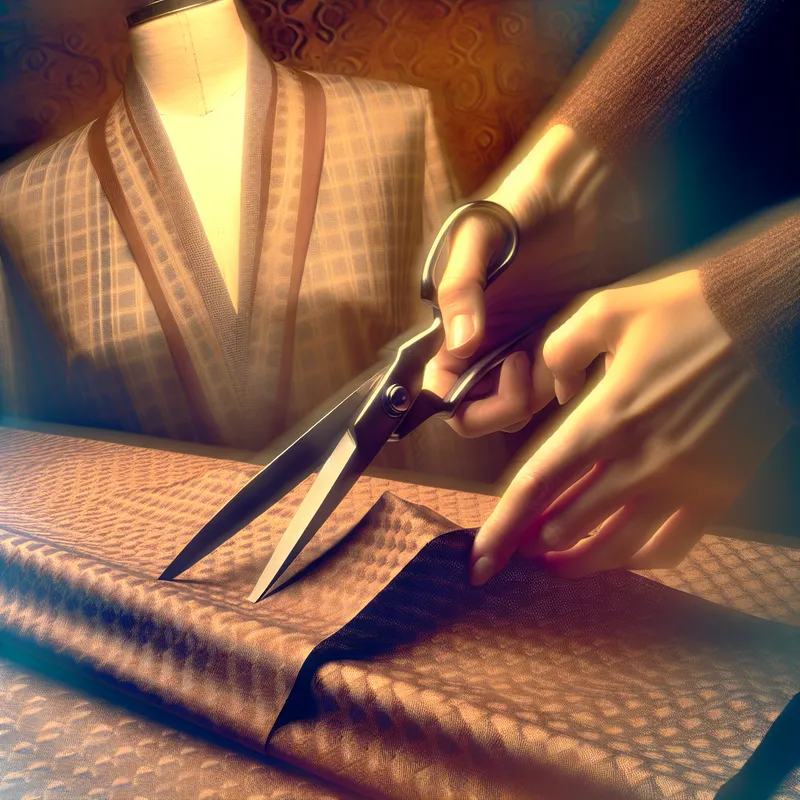 Handen van een kleermaker die zorgvuldig een rechthoekig stuk stof (een pas) uitknippen met scherpe stoffenschaar in een retro-futuristische kleermakerswerkplaats