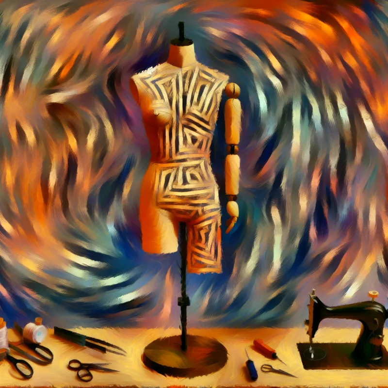 Abstract expressionistische afbeelding van een kleermakerswerkplaats met een pas van felgekleurde stof op een paspop, omringd door scharen, meetlint en spelden