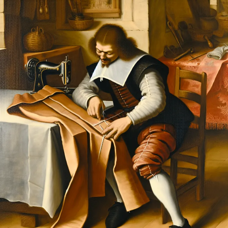 17e-eeuwse kleermaker die met precisie een zoom afwerkt aan een broek met dubbele stiksel in een levendig schilderij in de stijl van Frans Hals