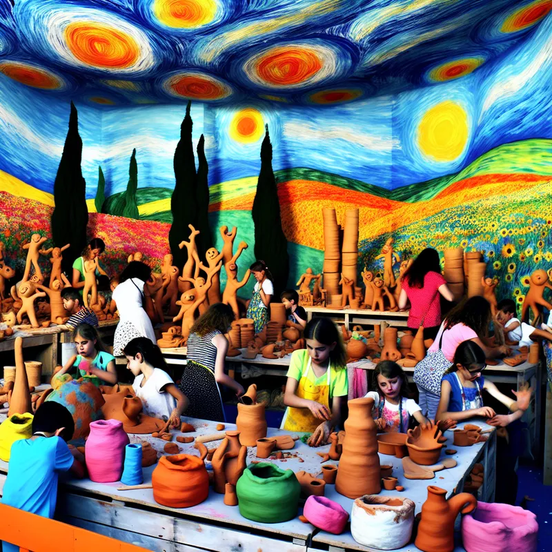 Vibrante scene van de KLEILAND tentoonstelling met kleurrijke kleisculpturen en blije kinderen die actief met klei spelen.