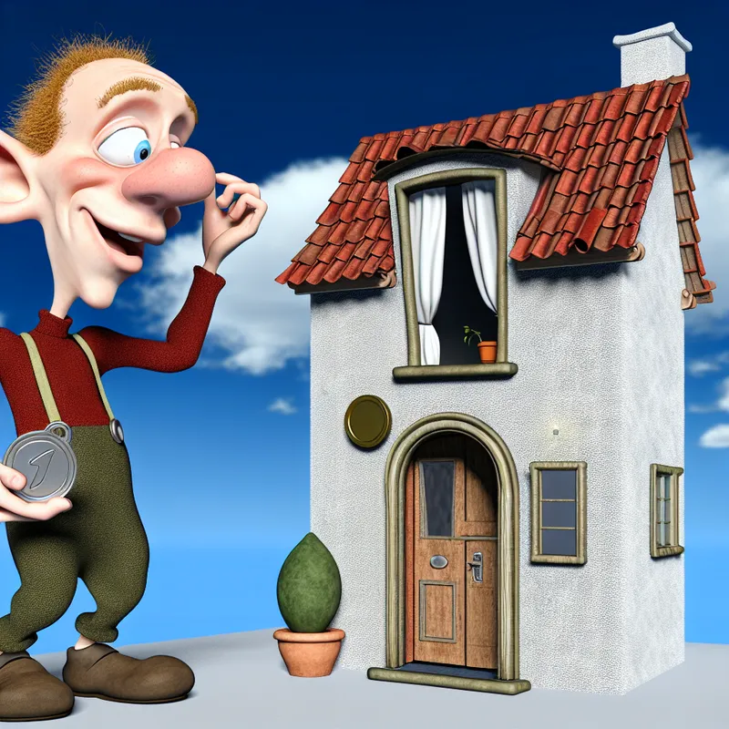 Een speelse cartoonfiguur kijkt naar een klein, gezellig appartement met een beperkt ruimtegevoel.