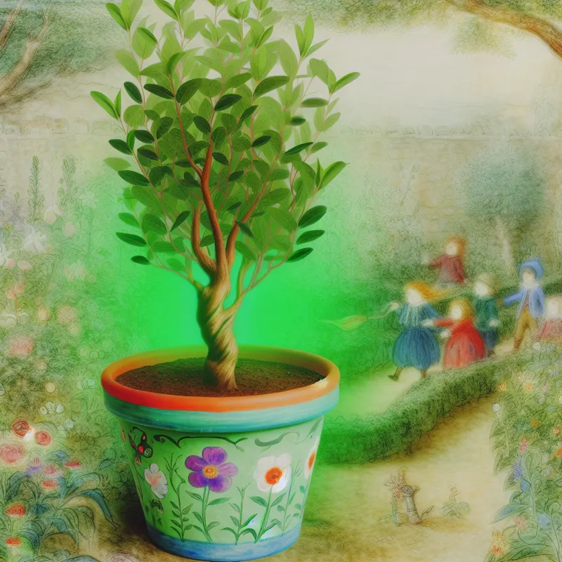 Klein boompje in een kleurrijke bloempot met kinderen die eromheen aan het planten zijn in een nostalgische tuin.