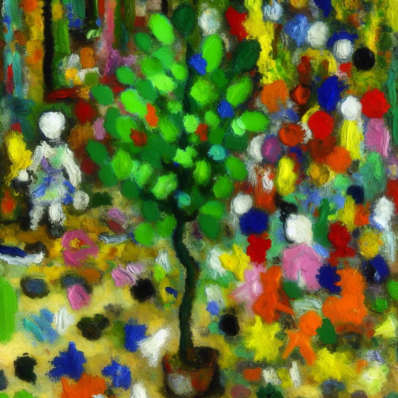 Een klein boompje in een kleurrijke tuin, omringd door abstracte vormen en felle kleuren die bloemen voorstellen.