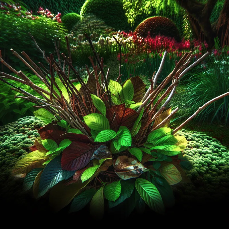 Klein bosje takken en bladeren in een weelderige tuin met zonlicht en schaduw