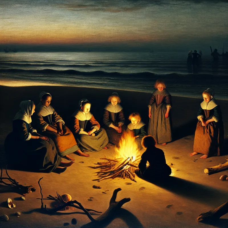 Kinderen in 17e-eeuwse kleding rond een klein vuurtje op het strand bij zonsondergang, in de stijl van Johannes Vermeer