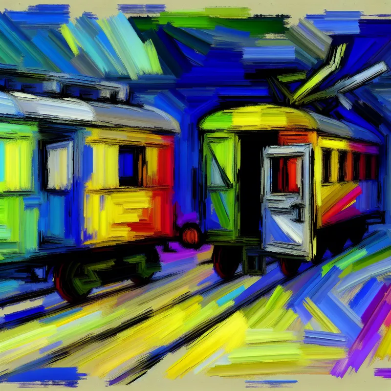 Abstract expressionistisch kunstwerk met twee bijna identieke treinen op parallelle sporen, een klein maar cruciaal verschil symboliserend in een dynamische, kleurrijke compositie