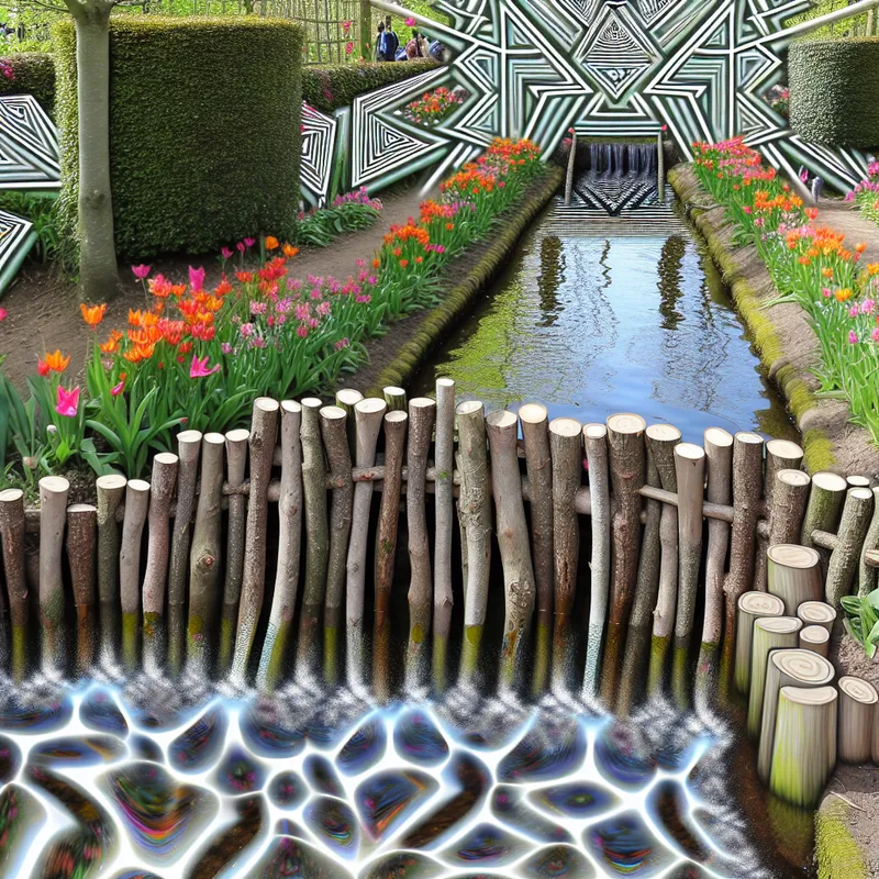 Klein dammetje van takken en stenen in een tuin, houdt water vast met een watereffect.