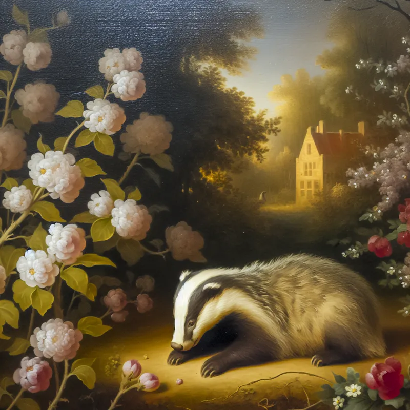 Een klein dasje rustend tussen bloeiende bloemen in een serene tuin.