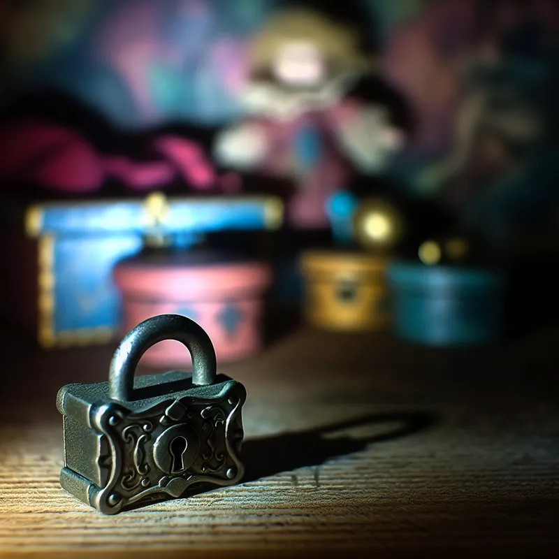 Een klein decoratief slotje op een houten oppervlak, omringd door kinderspeelgoed en kleurrijke opbergdozen.