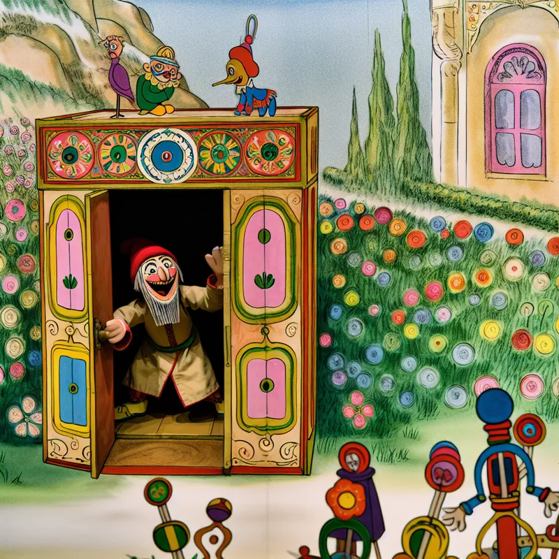 Een kind dat vrolijk achter een klein, versierd deurtje van een pop-up puppentheater kijkt, omringd door kleurrijke marionetten en een weelderige tuin.