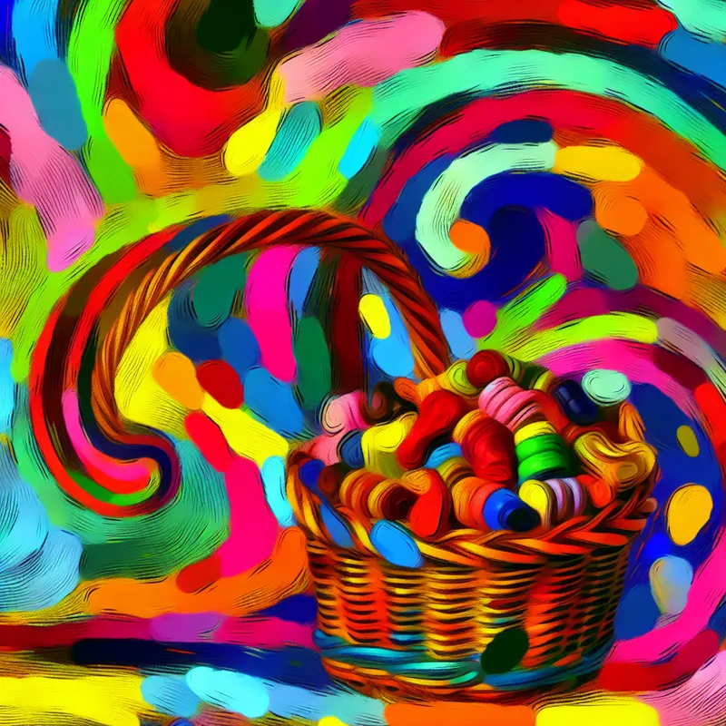 Speelse afbeelding van een klein, kleurrijk mandje gevuld met snoepjes in een abstracte achtergrond van levendige kleuren.