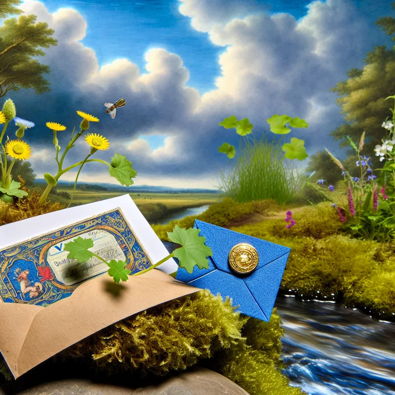 Een klein, gedetailleerd envelopje op een mosbedekte steen naast een rustige stroom, met een gouden cadeaucertificaat zichtbaar.