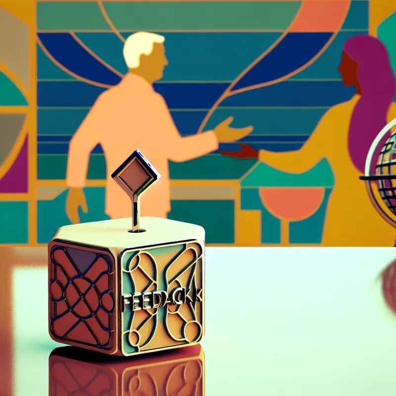 Een klein, modern feedbackformulier op een stijlvol bureau, met een docent en een student die het formulier overhandigt.