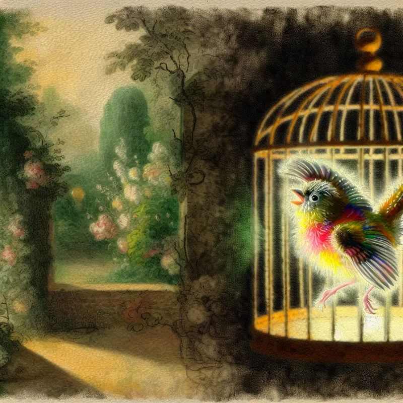 Schattig klein, gekleurd vogeltje dat rondfladdert in een gedetailleerde vogelkooi omringd door een tuin.