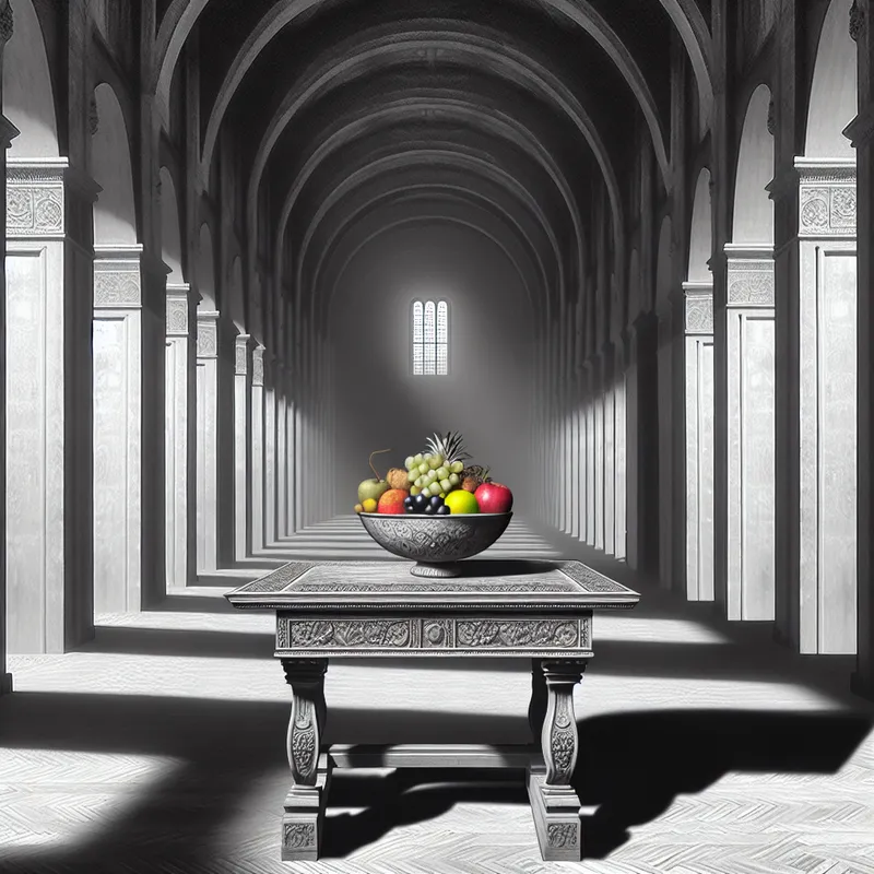 Een surrealistisch beeld van een klein fruitbakje op een grote, ornamentale tafel in een leeg, grandioos vertrek met torenhoge architectonische elementen.
