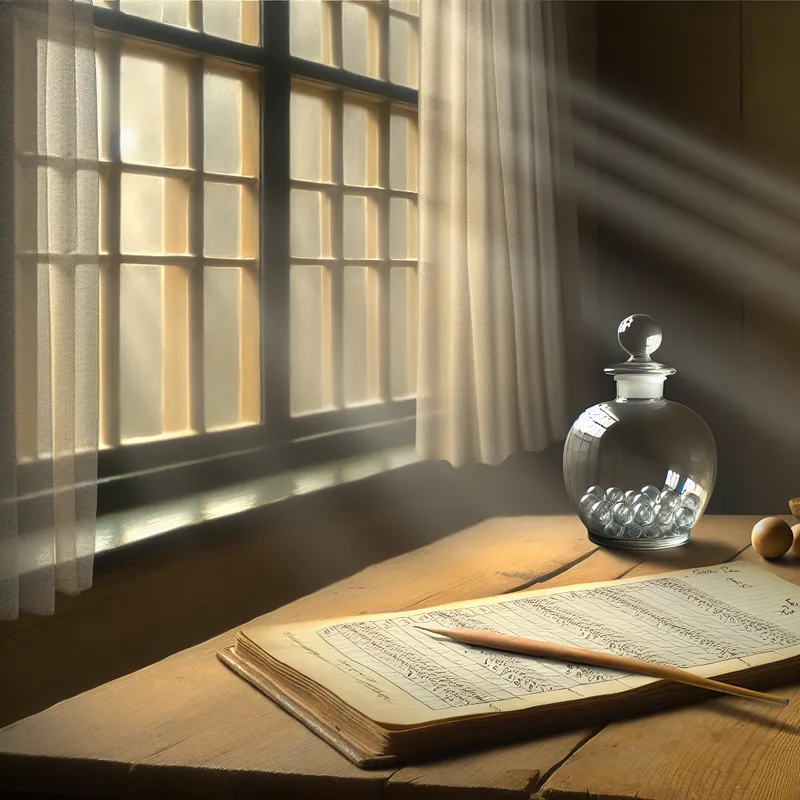 Stille studeerkamer met houten tafel, open grootboek, ganzenveer en glazen potje met enkele defecte knikkers als symbool voor een klein getal in berekeningen