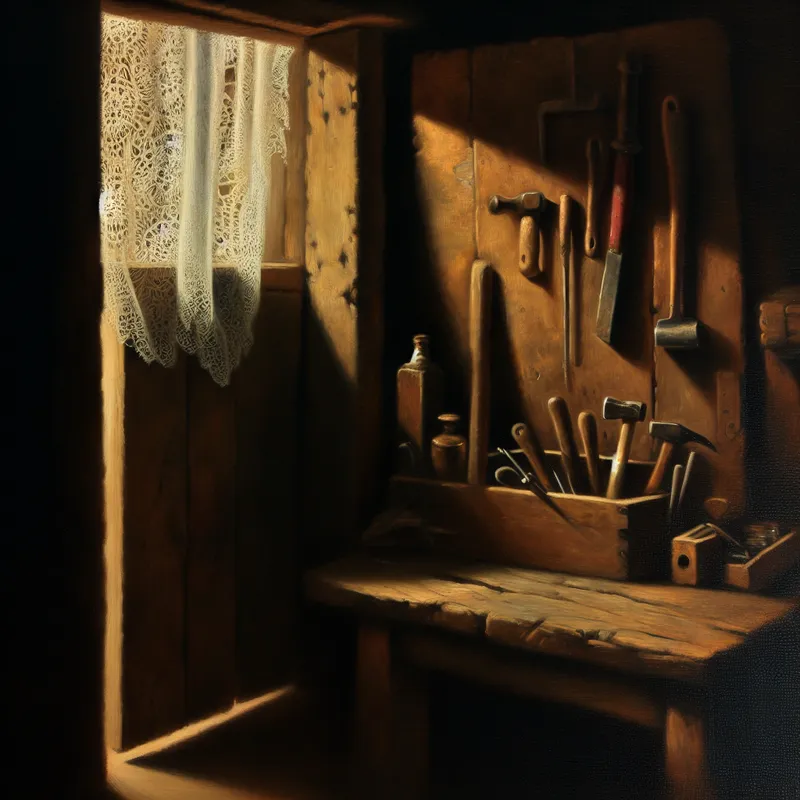 Een klein, gezellig werkplaatsje met een open deur en een venster met een kantlijn. Zacht natuurlijk licht valt naar binnen op een rustieke houten tafel met gereedschap.