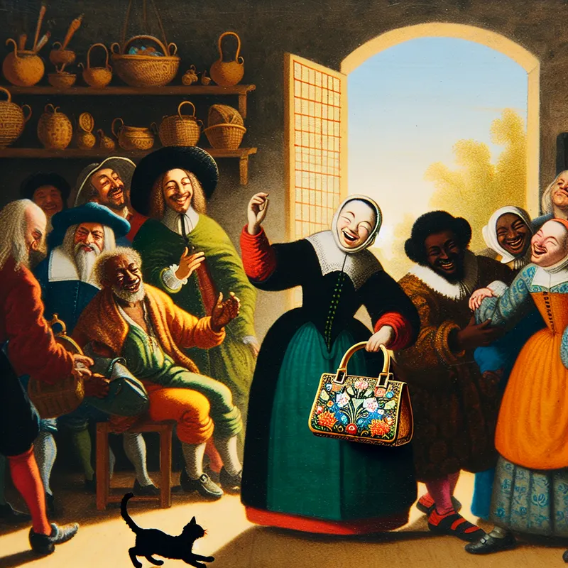 Een vrouw toont lachend een klein handtasje in een sfeervolle Nederlandse woonkamer, omringd door vrienden en een speelse kat.