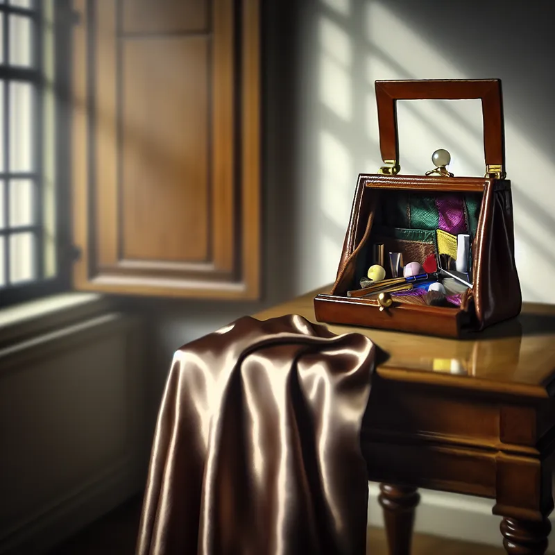 Een serene interieurweergave met een klein handtasje op een houten tafel, gevuld met kleurrijke make-upartikelen.