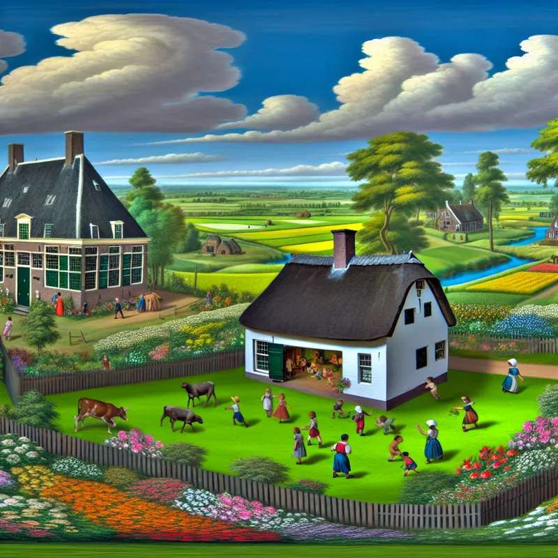 Schilderachtige afbeelding van een charmant klein hoevehuis in het platteland, omringd door een groot traditioneel Nederlands huis.