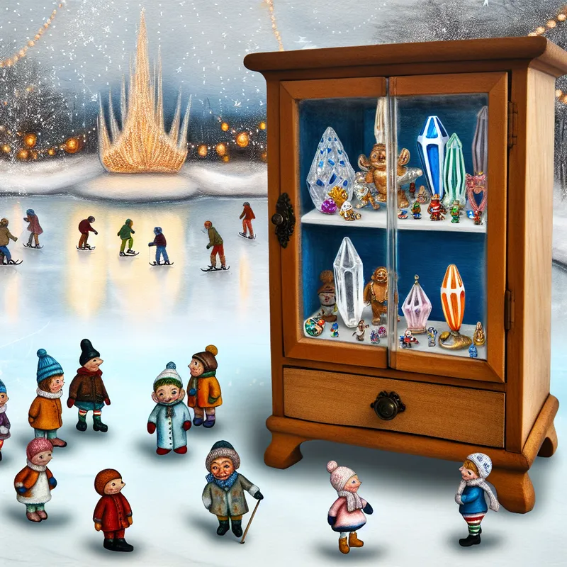 Een houten kastje met glazen deuren gevuld met kleurrijke verzamelobjecten, omringd door figuren in winterkleding die de inhoud bewonderen.