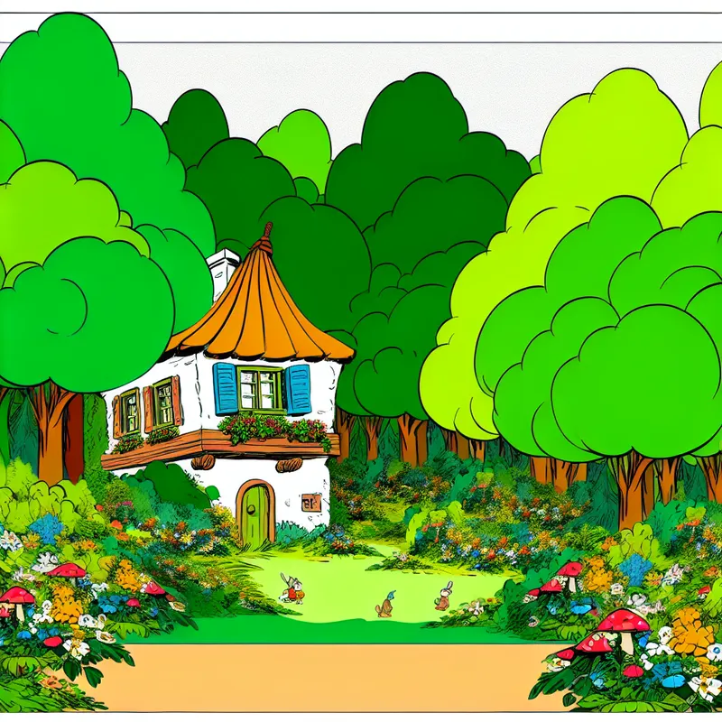 Schattig cartoonhuisje aan de rand van een groen bos met bloemen en dieren.