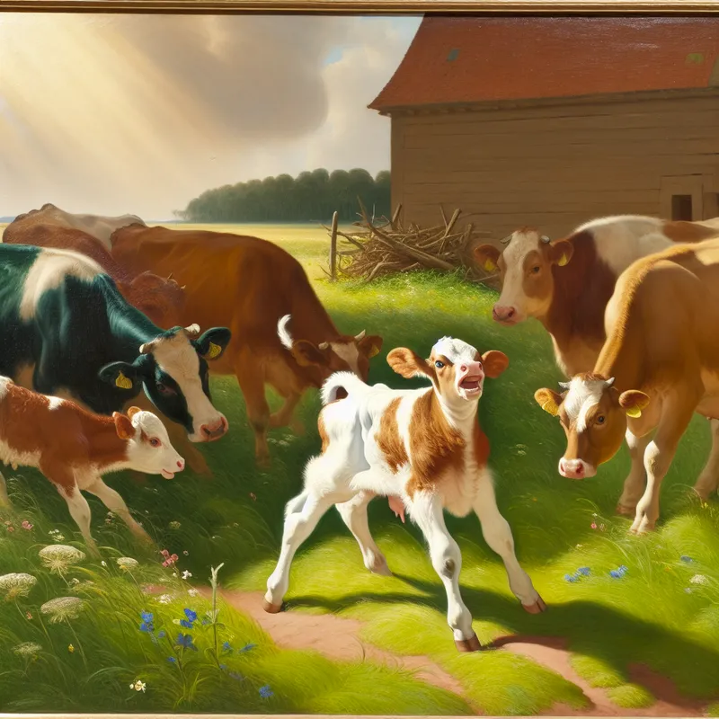 Een klein kalf speelt vrolijk tussen grotere koeien op een zonovergoten boerderij.