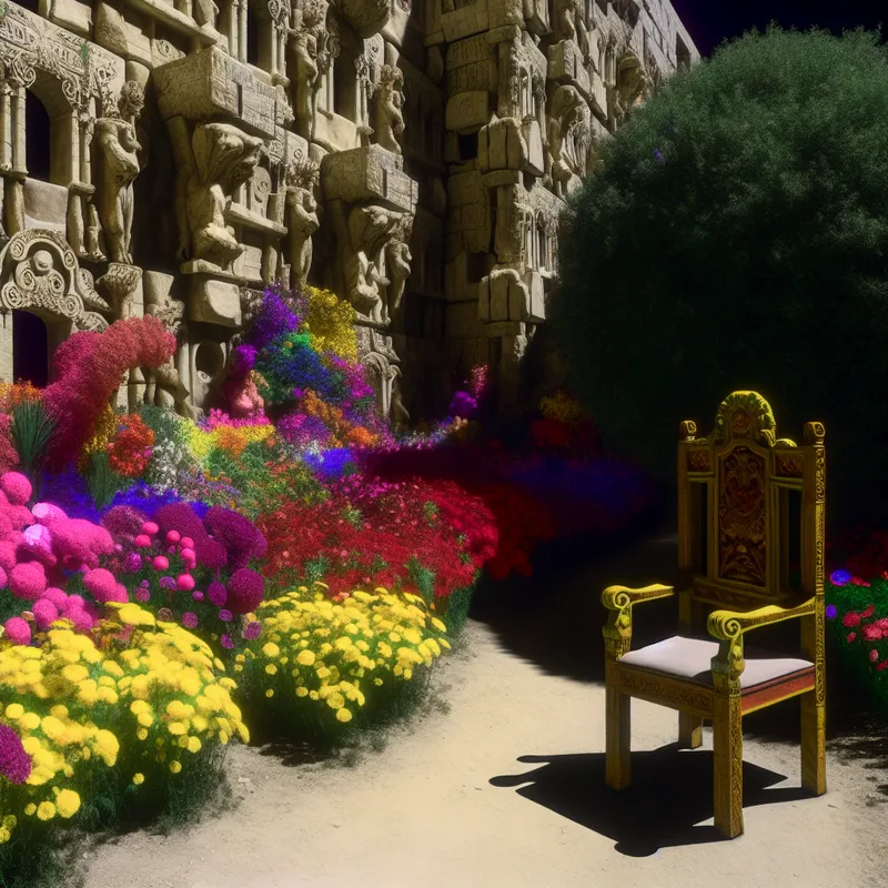 Een hyper-realistisch beeld van een kleine, kleurrijke tuin vol levendige bloemen, omringd door monumentale architectuur en met een sierlijke stoel in de hoek.