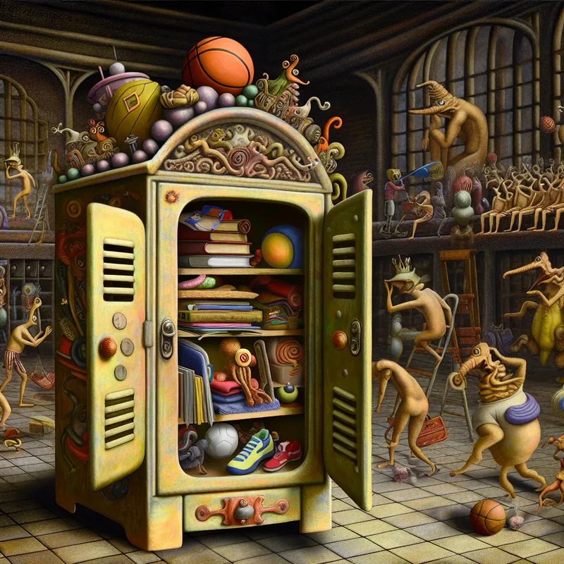 Een klein kluisje in een surrealistische schoolgym, gevuld met bizarre voorwerpen en wezens die eruit piepen.