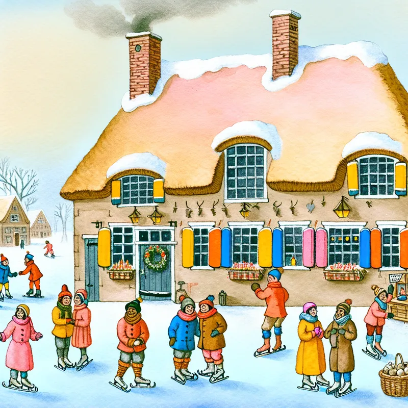 Een klein, knus hotel in een schilderachtig dorpje tijdens de winter met sneeuw, kleurrijke houten luiken en blije gasten.